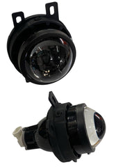 A set of two universal projector fog lamps with black housing and yellow light output, designed for various car models.