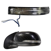 An image showing a black side mirror indicator for a Hyundai I20 along with the mirror itself, against a white background.
