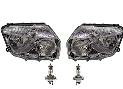 A set of two chrome-plated headlight assemblies with halogen bulbs for a Renault Duster 110 model, featuring a clear lens and big bracket type 2 design.