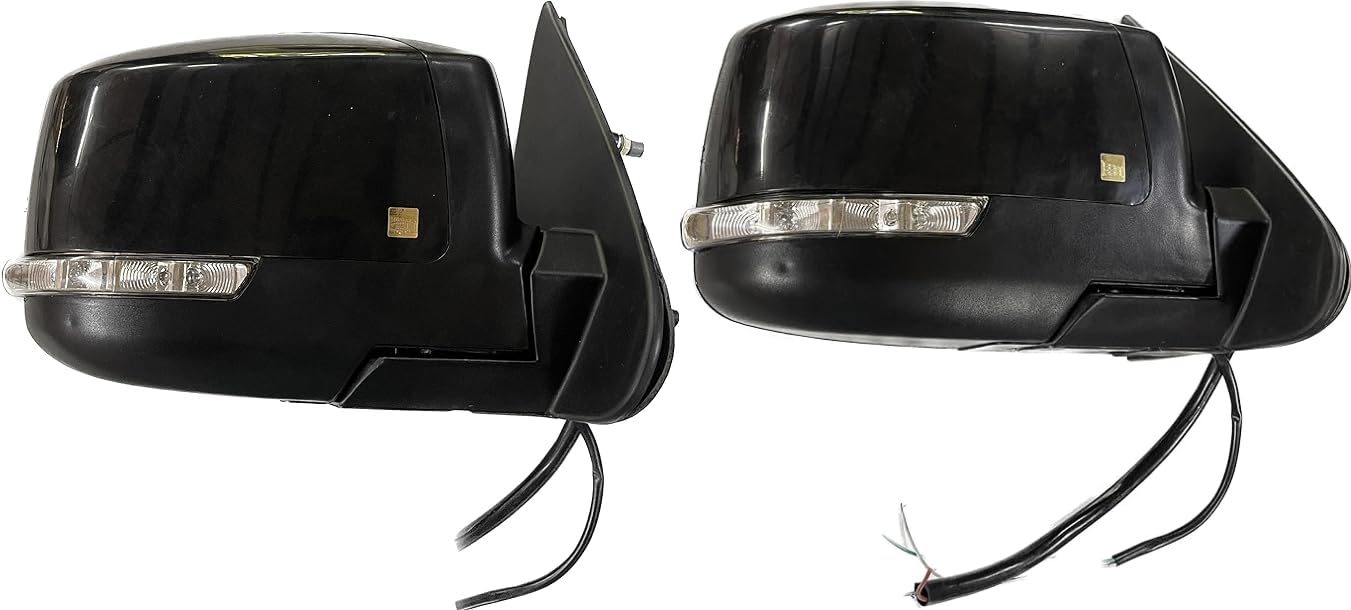 A pair of K D brand motorized door/side mirrors for Tata Safari Storme/Safari Dicor 2.2 vehicles, featuring a black exterior and reflective mirror surface.