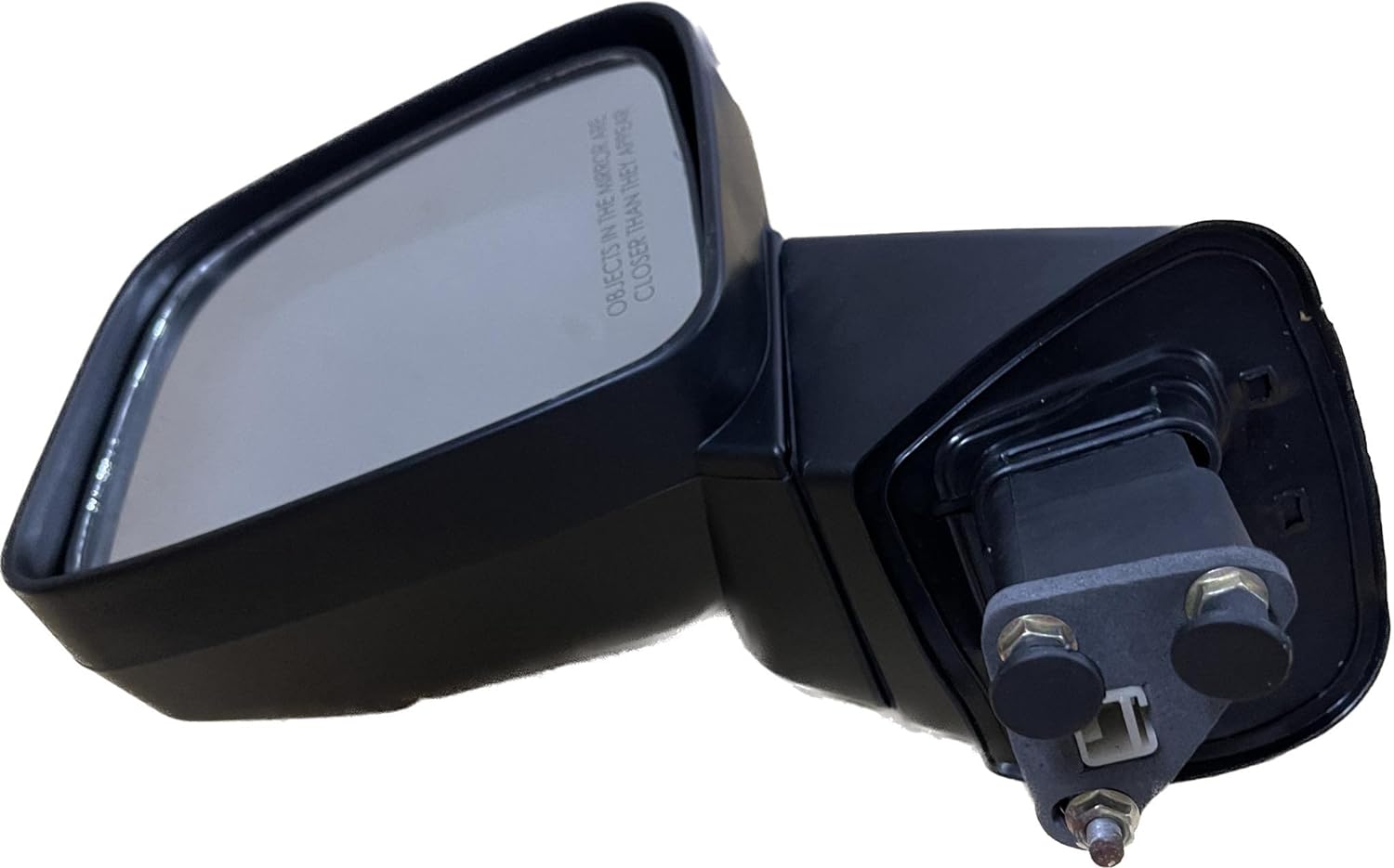 A black K D brand door mirror for a Mahindra Thar motor with a coupler, designed for replacement on the vehicle.