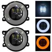 A set of white round LED fog lamps with a black housing, shown in different lighting modes.