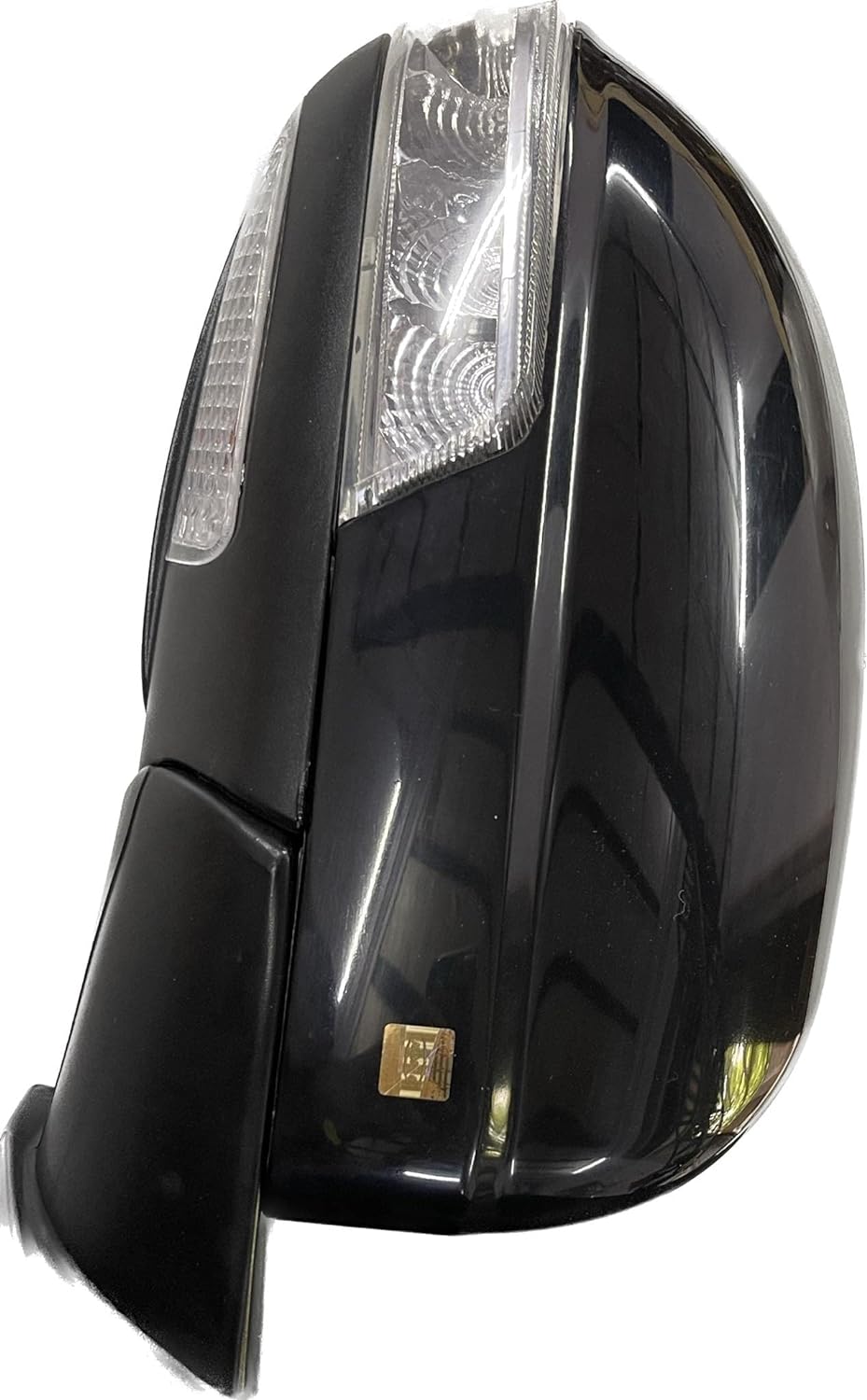A black K D brand door mirror for a Mahindra XUV 500 motor vehicle with an indicator, showing the mirror glass and the backing plate with wiring.