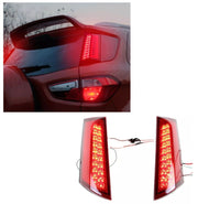 The image shows a pair of LED pillar lights for a Ford Ecosport, with one light displayed in a vertical orientation and the other installed on a vehicle, providing illumination in red color.