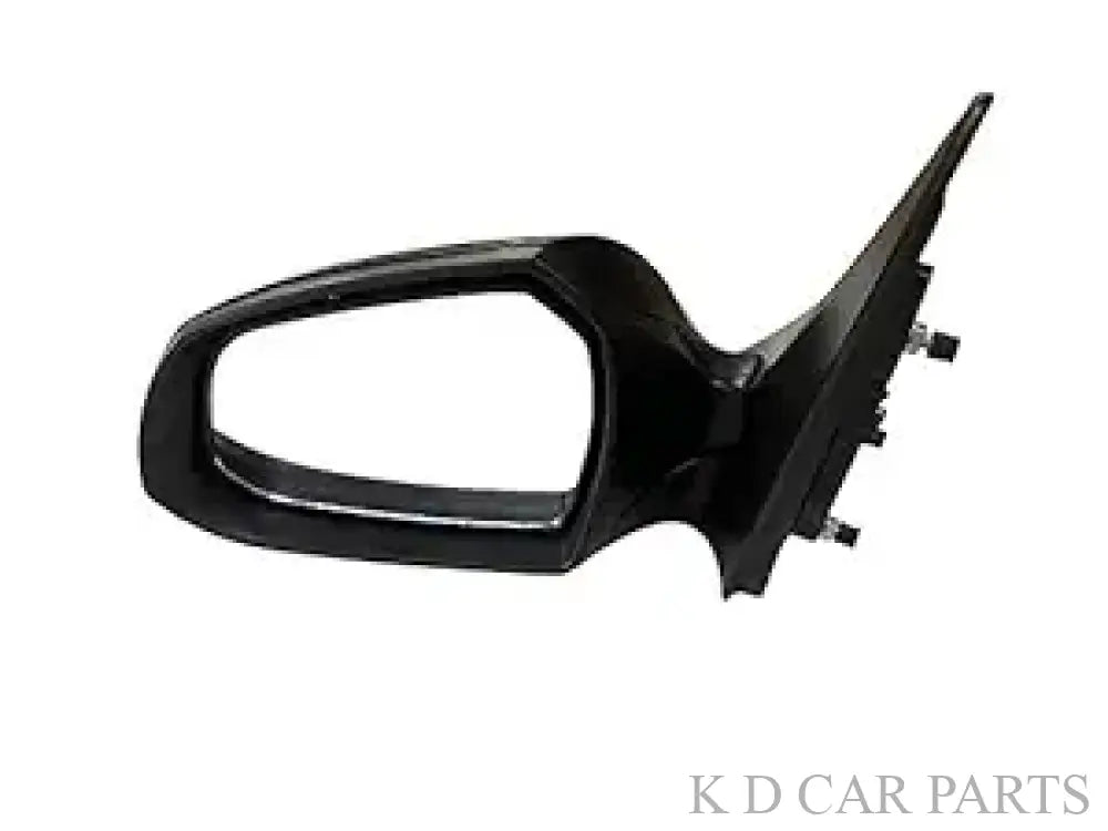Black door side mirror with automatic folding feature and integrated indicator for Hyundai Aura motor.