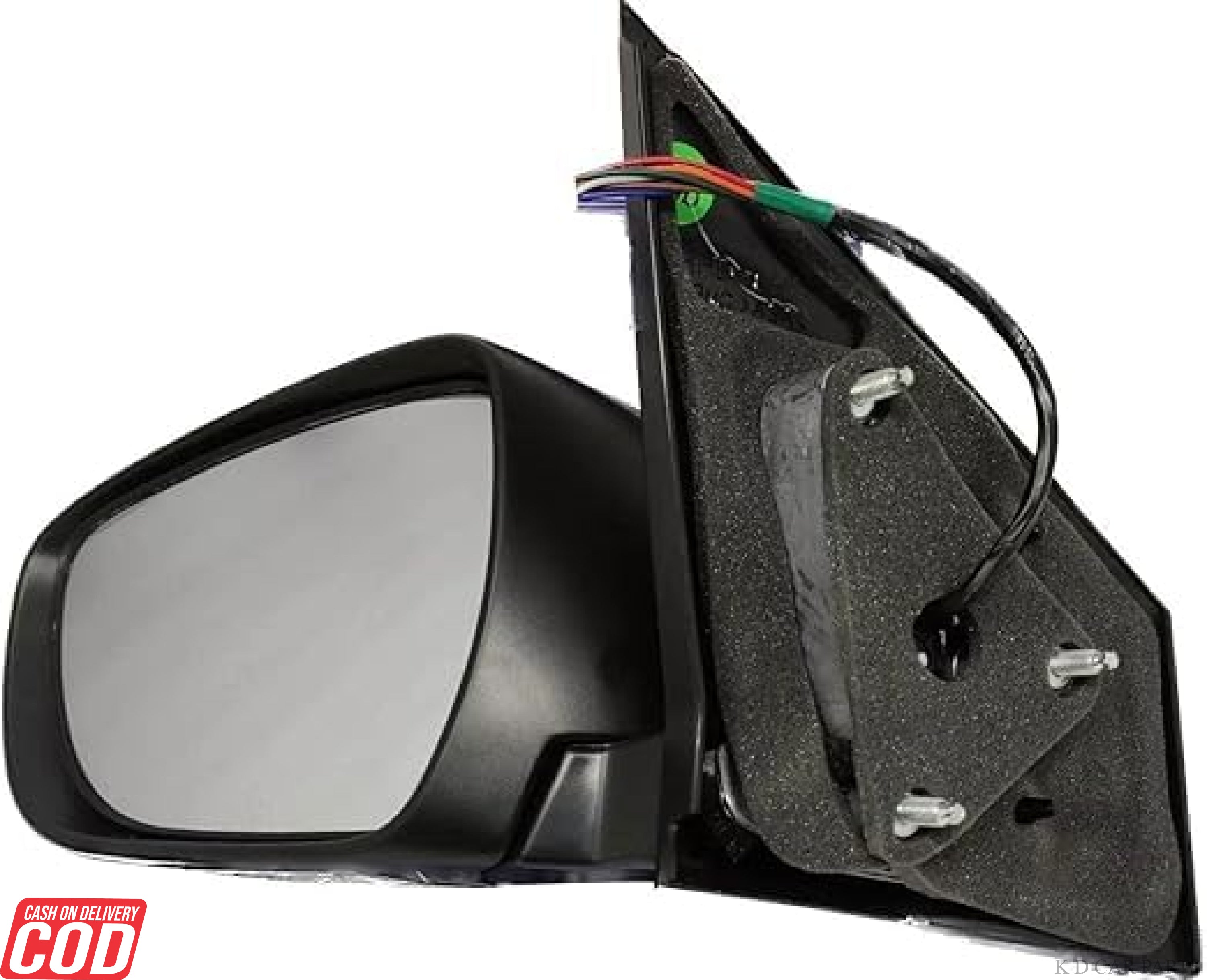 Black door/side mirror with automatic fold function and wiring visible, designed for Maruti Ciaz motor.