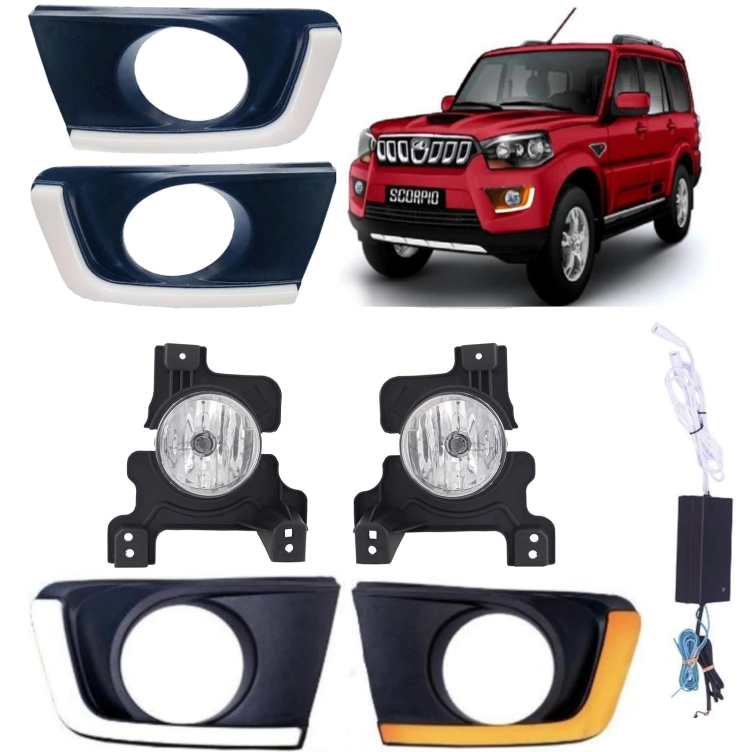 K D Fog Lamp Set For Mahindra Scorpio 2018-NOW (LED DRL WITH FOG LAMP) Complete Kit With Wiring