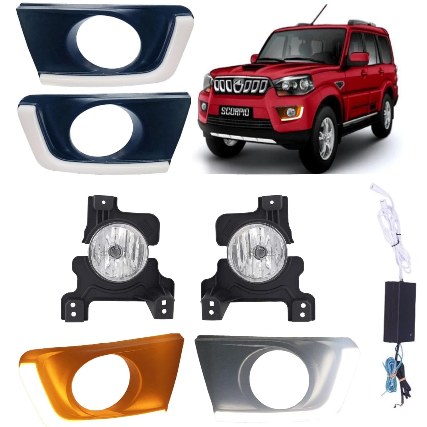 K D Fog Lamp Set For Mahindra Scorpio 2018-NOW (LED DRL WITH FOG LAMP) Complete Kit With Wiring