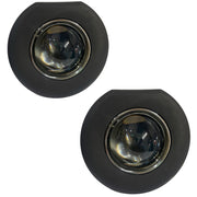 Two black round lights with chrome centers on a white background
