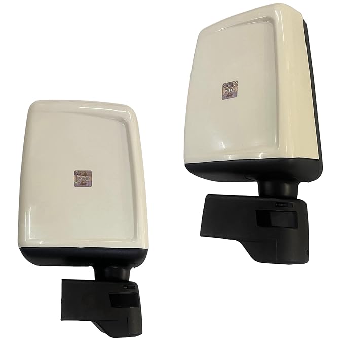 A pair of white door side mirrors for Mahindra Bolero with OEM fitting and a black mounting frame.