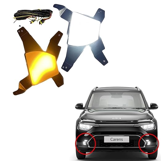 A set of fog lamps for Kia Carens, including white and indicator lights, displayed alongside a car with the lamps installed.