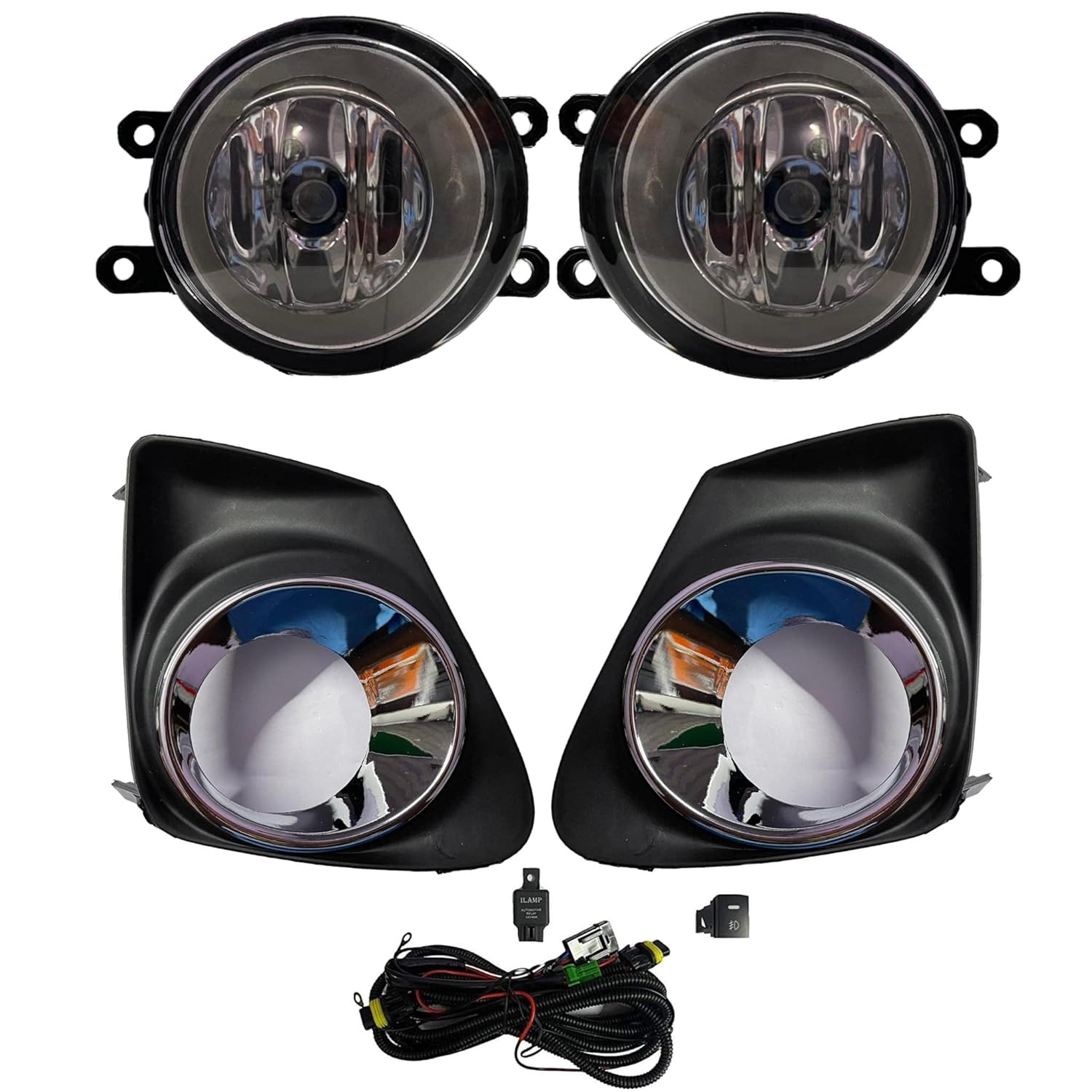 A set of four K D brand fog lights with wiring, intended for installation on a vehicle, displayed against a white background.