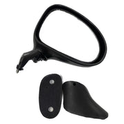 A black, door-mounted side mirror for Daewoo Matiz, alongside a pair of mounting clips, displayed on a white background.
