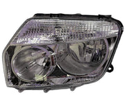 A pair of chrome headlight assemblies for a Renault Duster vehicle, including bulbs.