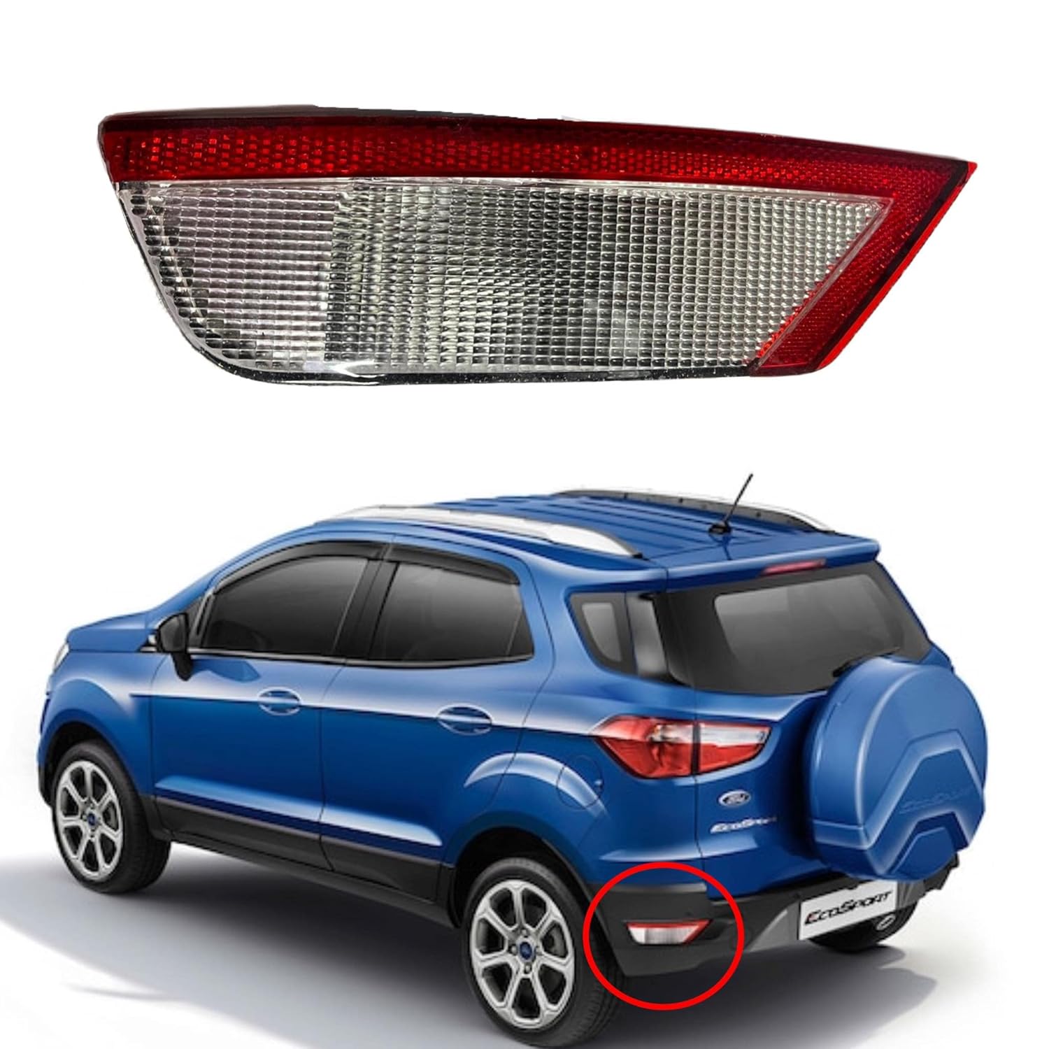 Rear bumper light assembly for Ford Ecosport, featuring a halogen light source, displayed alongside an image of the car part in context with a blue car.
