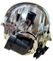 Chrome vehicle headlight with black components on a white background