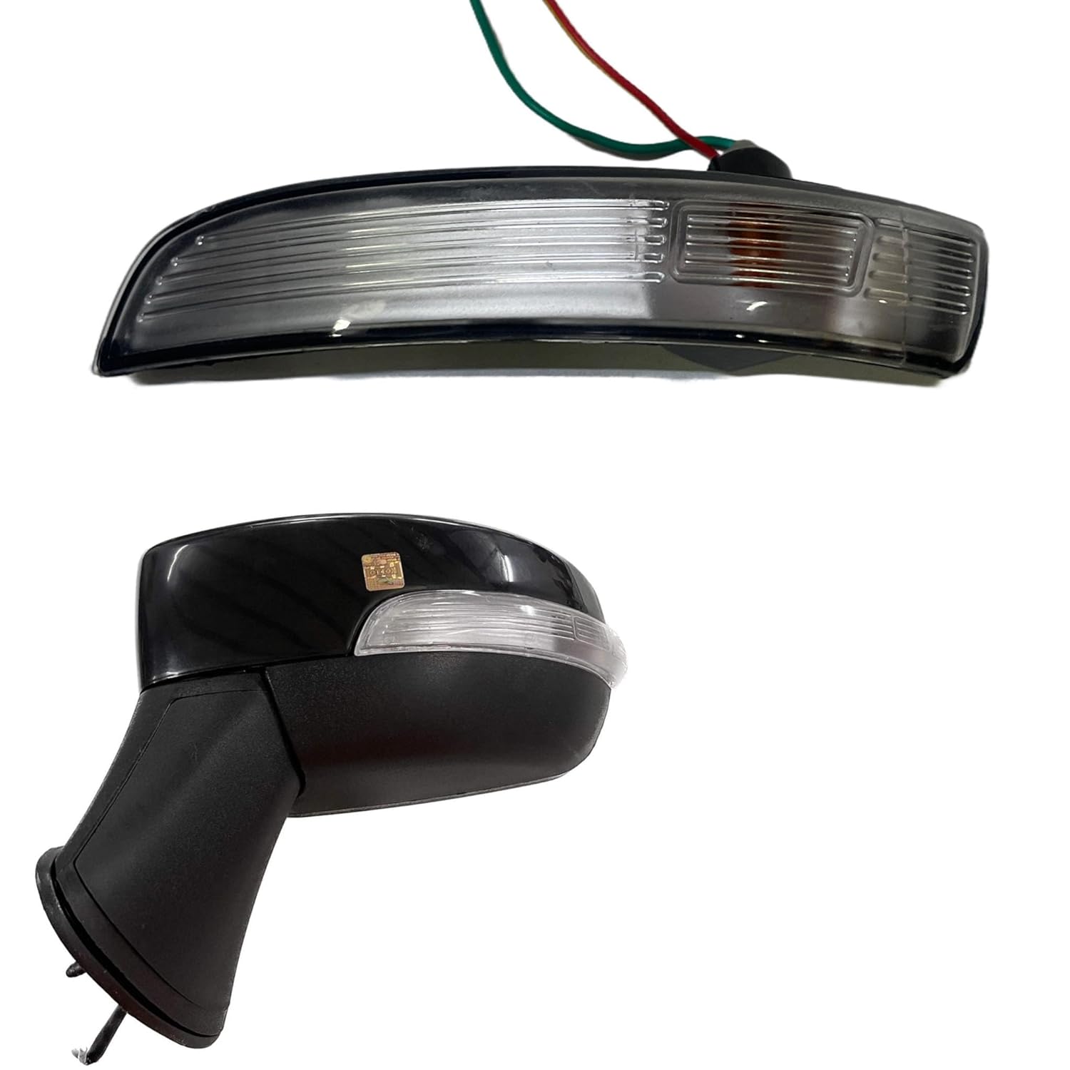 The image shows two K D brand side mirror indicators for a Ford Ecosport. The upper mirror is shown in a silver housing with a clear glass lens, and the lower mirror has a black housing with a white and clear lens assembly.