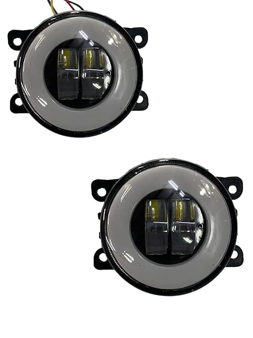 A set of white round LED fog lamps with a black housing, shown in different lighting modes.