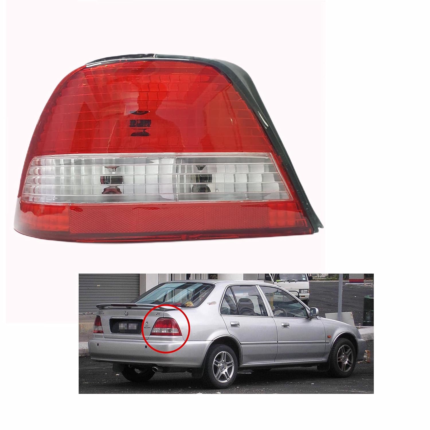 Red tail light assembly for Honda City Type-2 (1998-2003) with a close-up on the left and a picture of a car on the right, indicating the product's use.