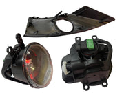 Car headlight assembly with lens and housing on a white background