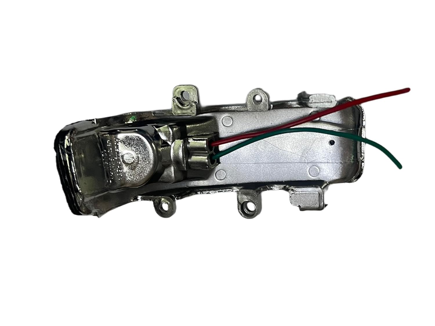 A black side mirror indicator for a vehicle, featuring a glass lens and built-in lighting, alongside an illustration of how it is installed on a vehicle.