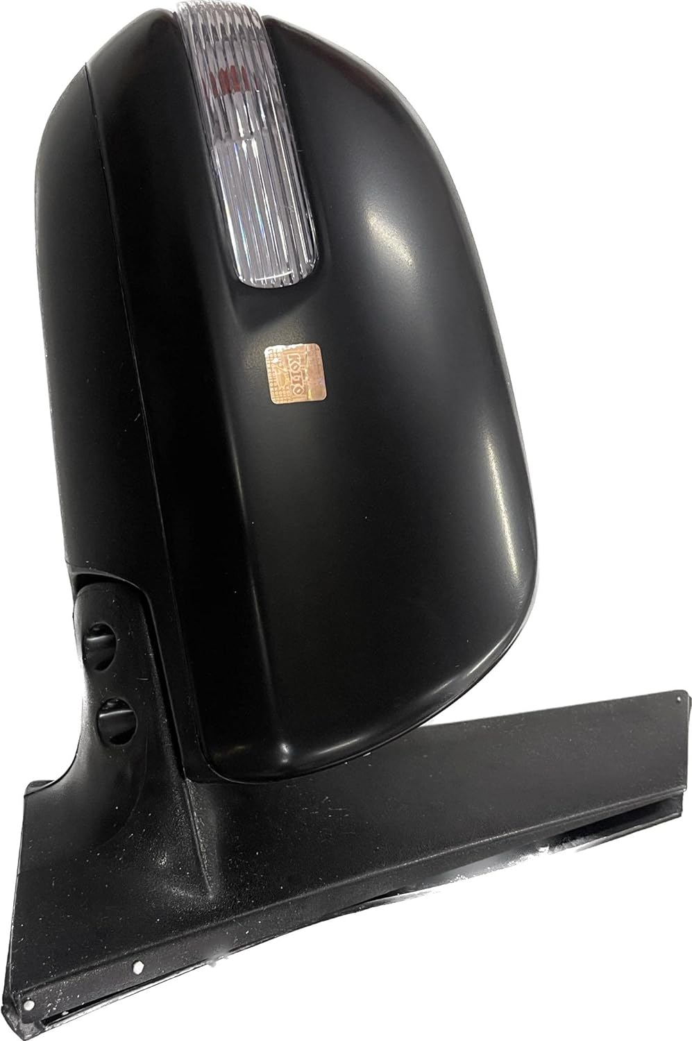 A black door mirror for a vehicle with visible wiring and a turn signal indicator.