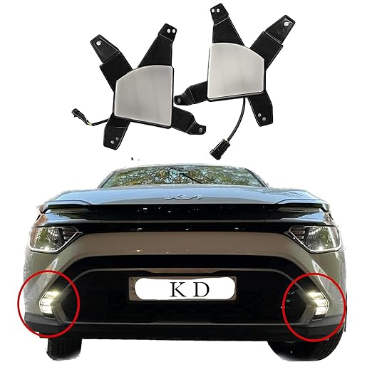 A set of fog lamps for Kia Carens, including white and indicator lights, displayed alongside a car with the lamps installed.
