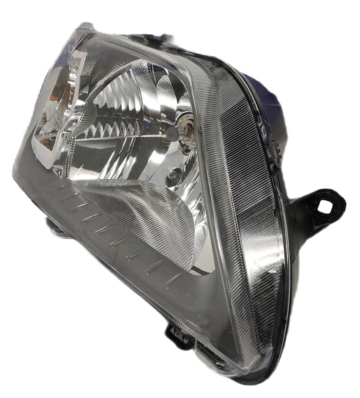 A single chrome-plated headlight assembly for a Mahindra Logan vehicle. The headlight is shatter-resistant and has a clear lens cover.