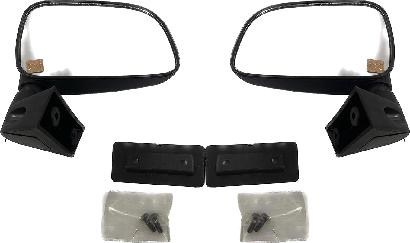 A pair of black, curved side/door mirrors for Mahindra Jeeto, with mounting hardware included, displayed on a white background.