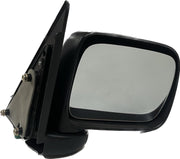 A black, non-adjustable door/side mirror for Mahindra Scorpio 2002-2006 with a shatter-resistant acrylic mirror and a weather-resistant ABS plastic casing.
