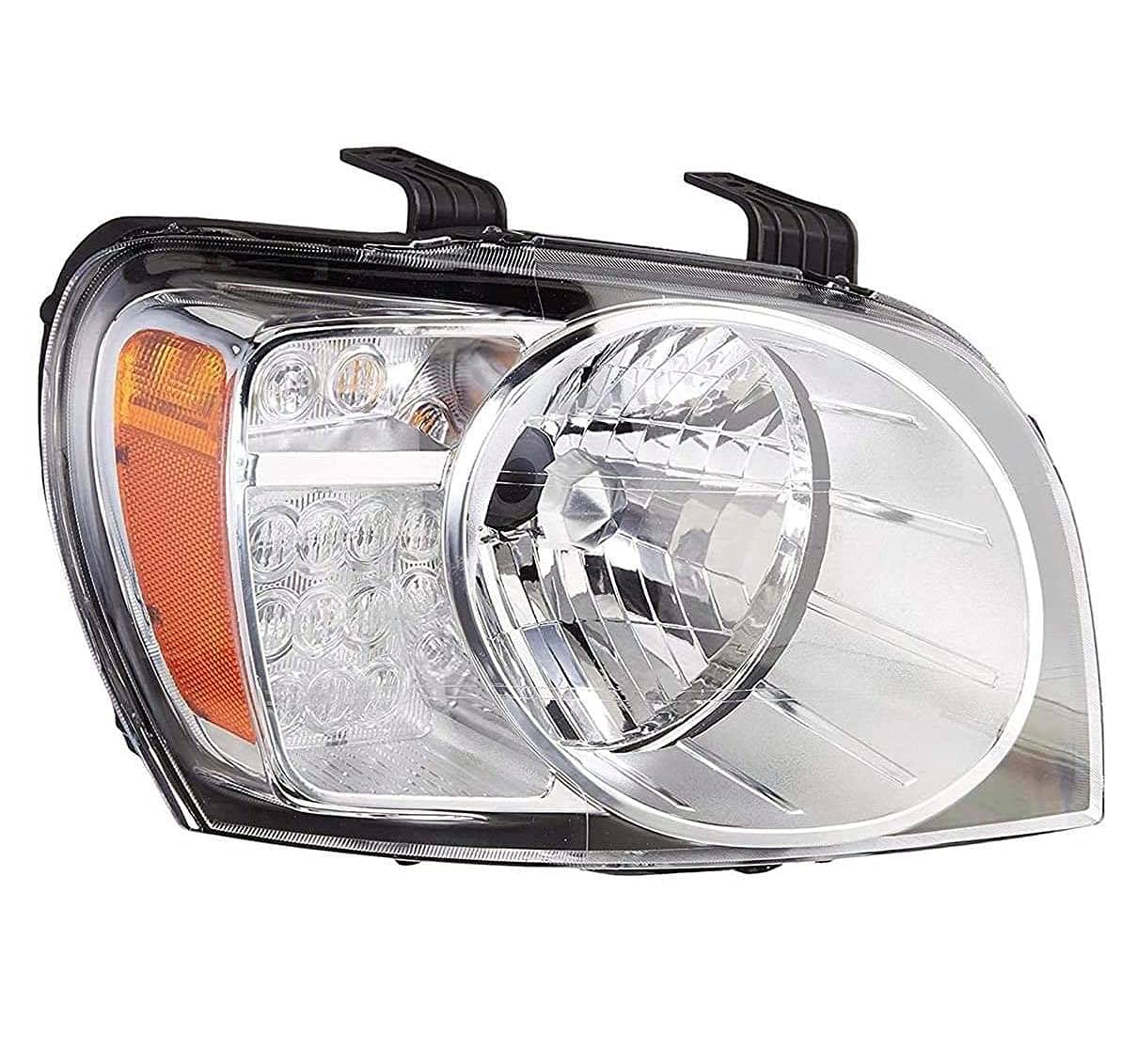 Headlight assembly for Mahindra Scorpio 2008-2014 Type 2 without adjustable motor, featuring clear lens and reflector, with black housing.