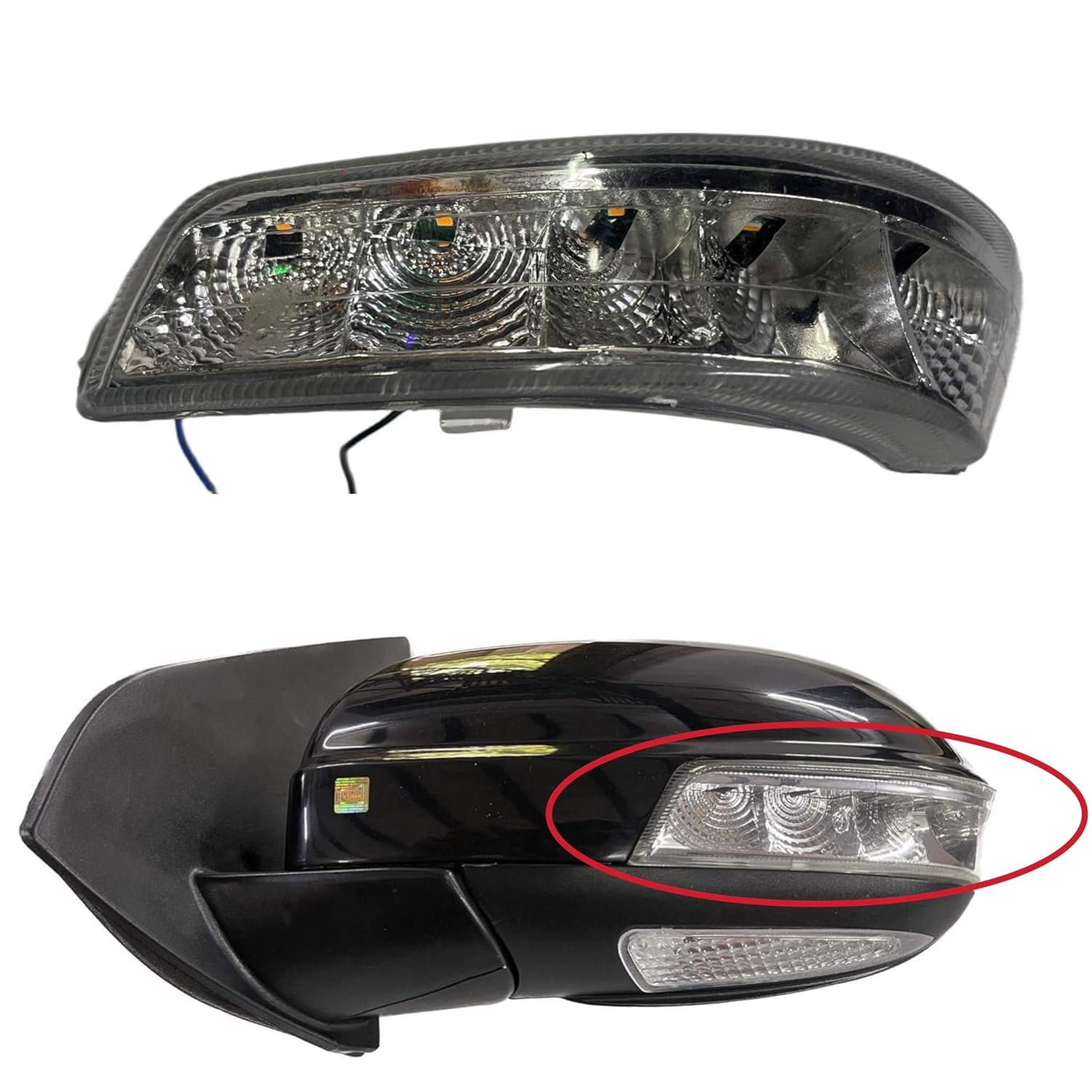 A K D brand side/door mirror indicator for Mahindra XUV500, showing the mirror assembly with clear glass and a black frame, along with a close-up of the mirror with a red highlight indicating the part to be painted.