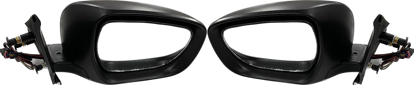 A pair of black, curved side/door mirrors for Maruti Dzire 2017-now models with indicators, mounted on a vehicle.