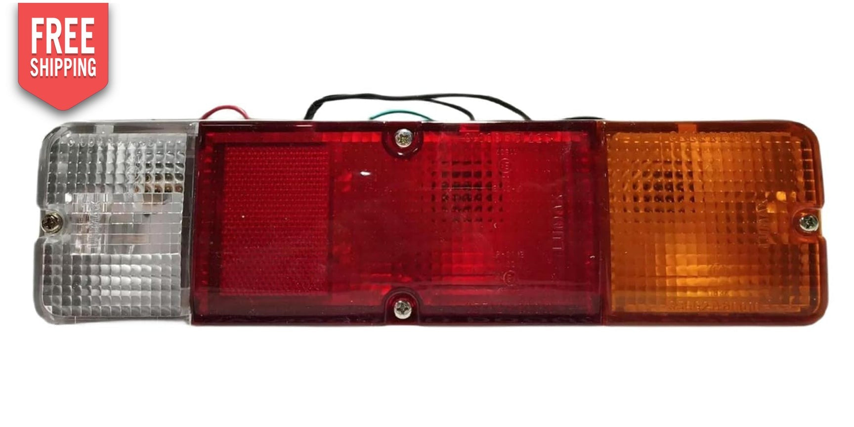 A set of two tail lights for a vehicle, featuring clear, red, and yellow lenses with metal frames.