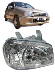 A silver headlight assembly for Maruti Suzuki Zen without motor, displayed alongside a photo of the vehicle it fits.
