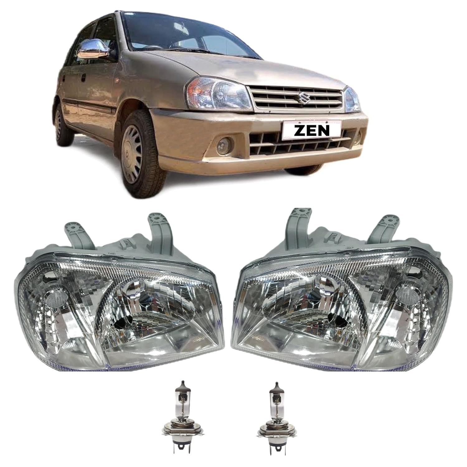 A silver headlight assembly for Maruti Suzuki Zen without motor, displayed alongside a photo of the vehicle it fits.