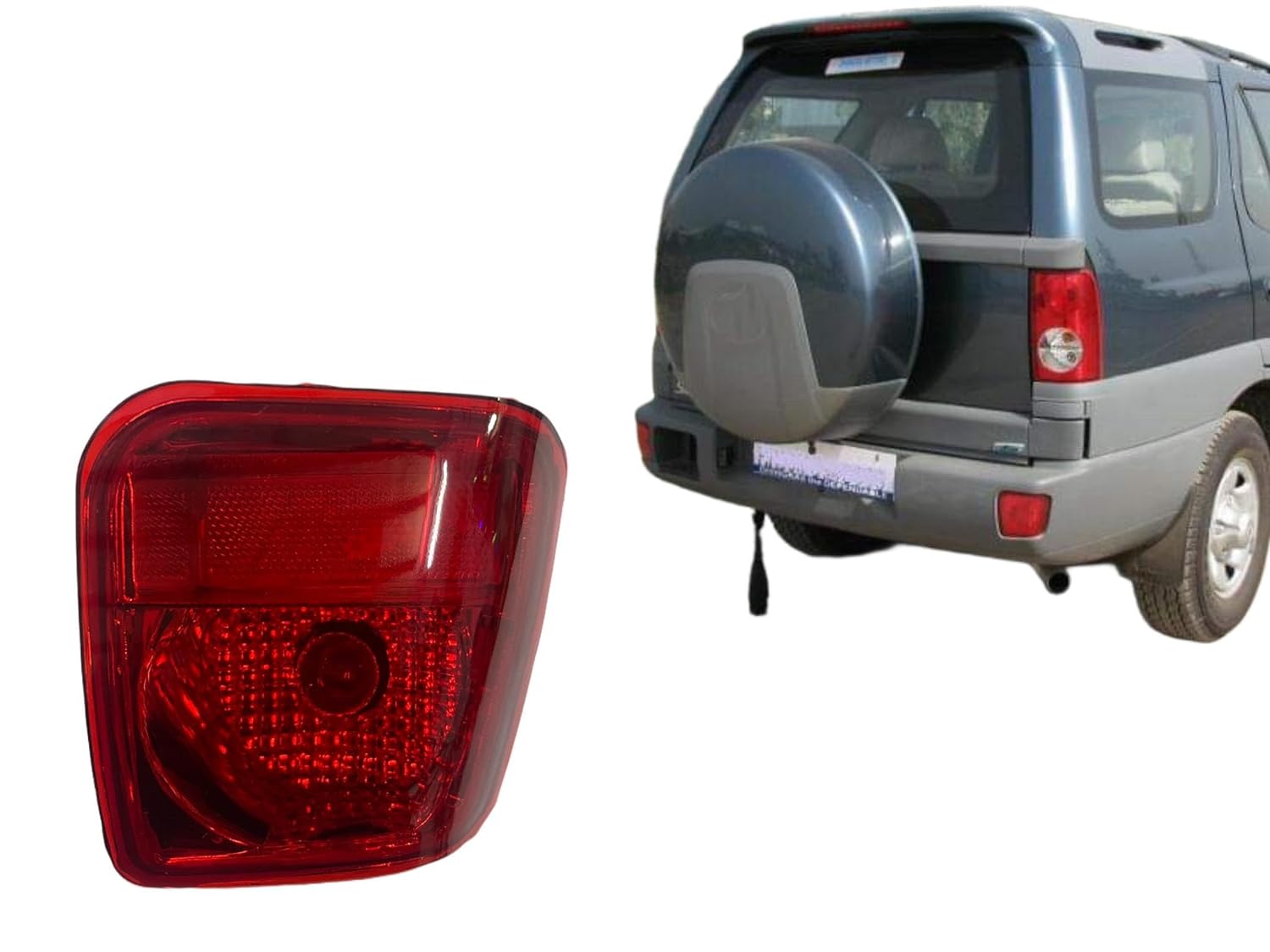 A pair of red rear bumper lights for Tata Safari 2005-2017, displayed separately and one mounted on the vehicle's bumper.