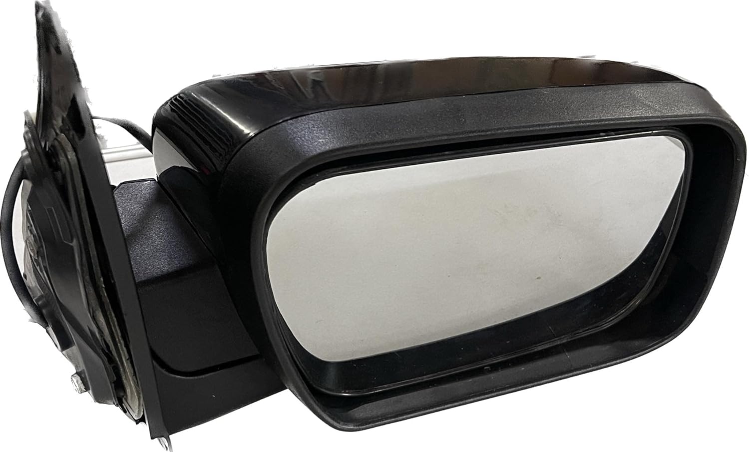 A black door mirror for a Mahindra Scorpio Mhawk motor vehicle, with an aluminium body and an indicator.
