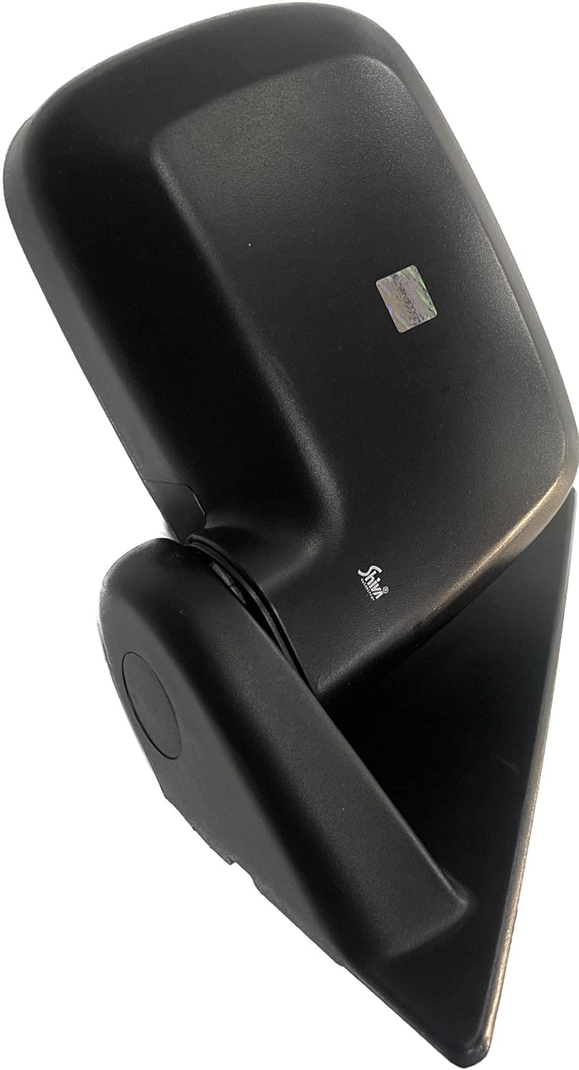A black, non-adjustable door/side mirror for Mahindra Scorpio 2002-2006 with a shatter-resistant acrylic mirror and a weather-resistant ABS plastic casing.