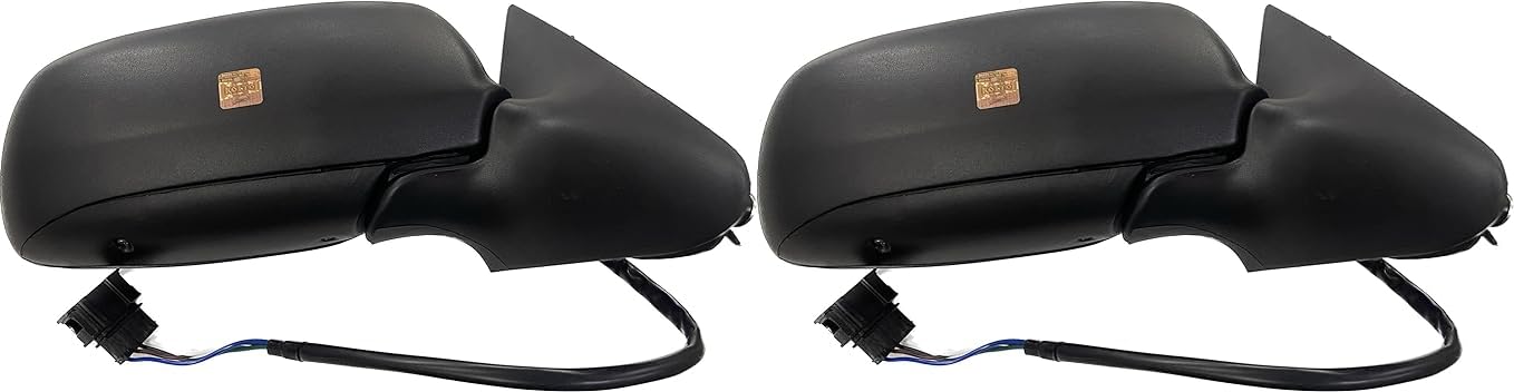 A pair of black side mirrors for a Skoda Octavia car, with wiring and couplers visible.
