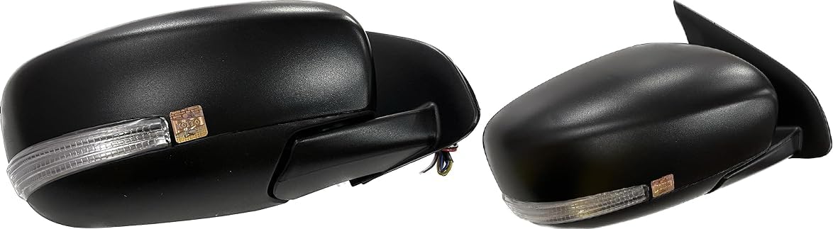 A pair of black, curved side/door mirrors for Maruti Dzire 2017-now models with indicators, mounted on a vehicle.