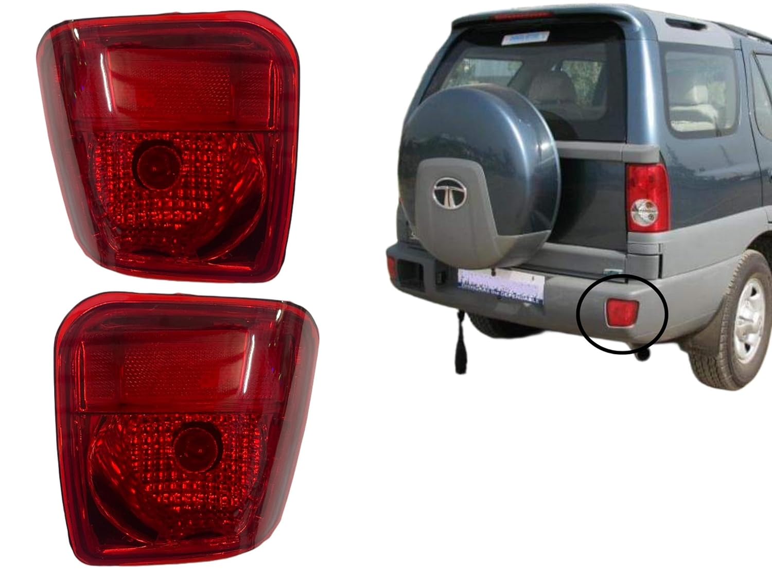 A pair of red rear bumper lights for Tata Safari 2005-2017, displayed separately and one mounted on the vehicle's bumper.