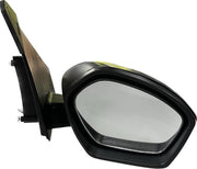 A clear side mirror for a car, with a black frame, attached to a door mount.