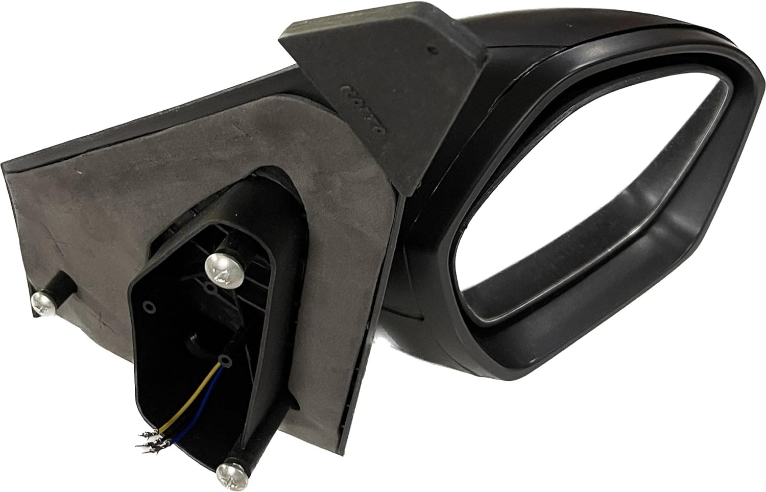 A clear side mirror for a car, with a black frame, attached to a door mount.