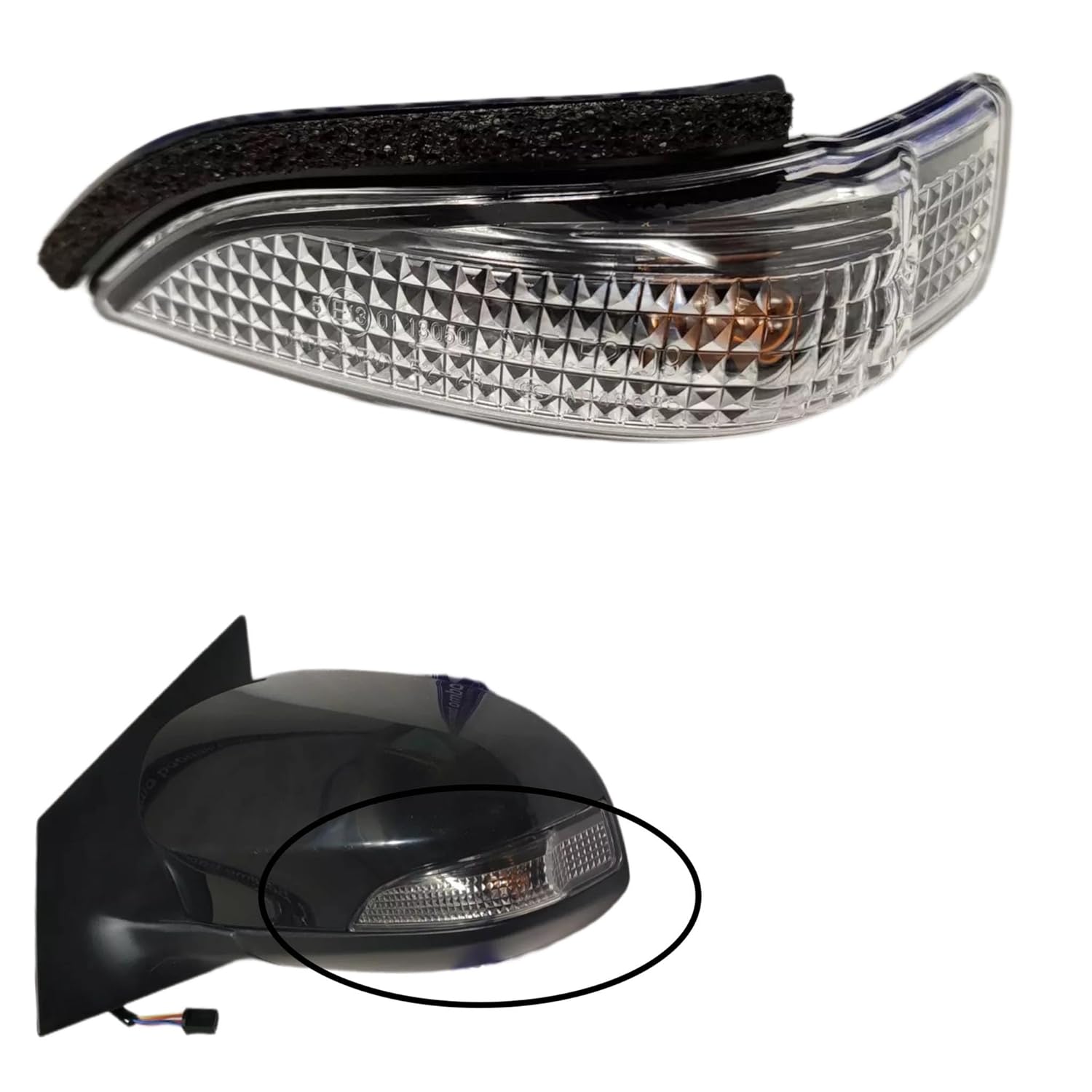 An image showing a side mirror indicator for a vehicle, with a focus on the glass lens part of the mirror.