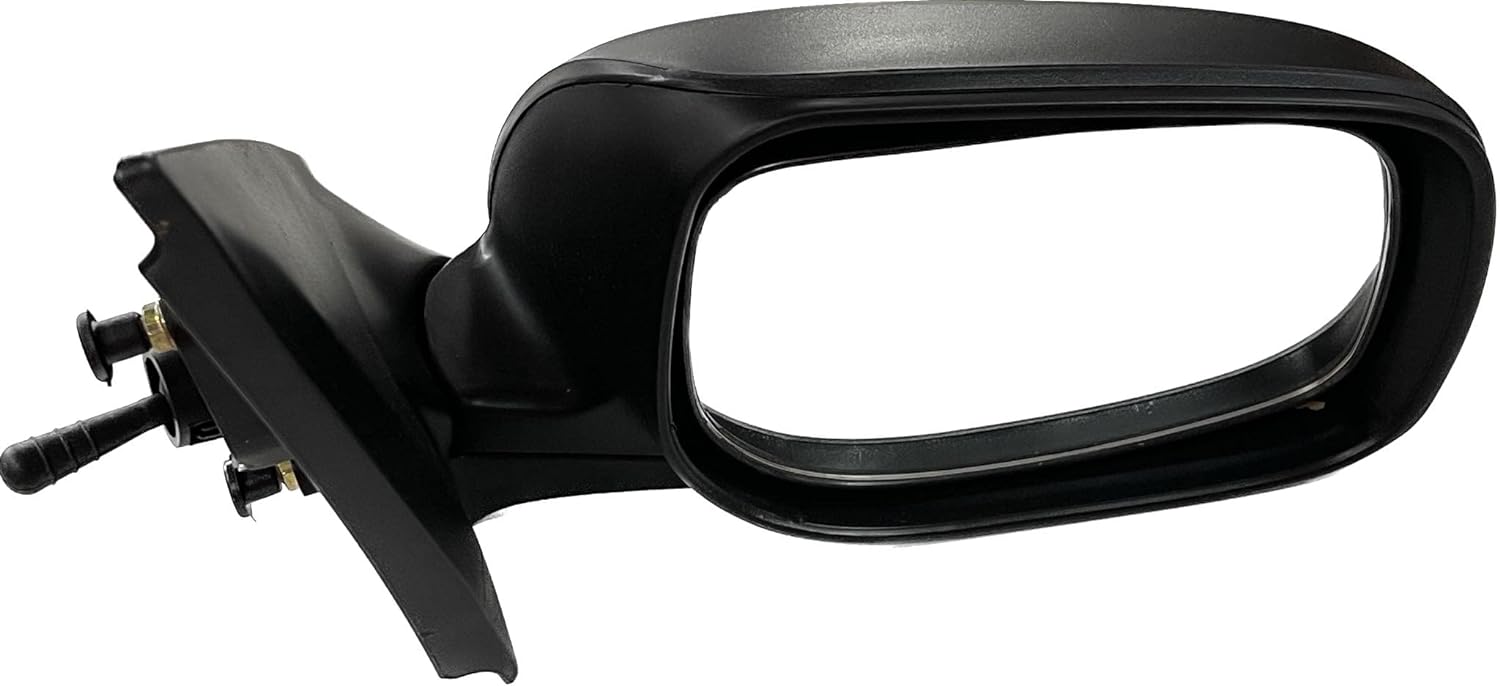 A black, manual adjustable side/door mirror for Toyota Etios/Liva vehicles designed for 2010-2014 models.