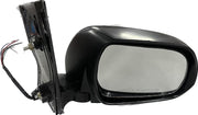 A black door mirror for a vehicle with visible wiring and a turn signal indicator.