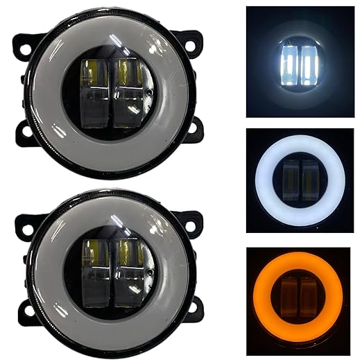 A set of white round LED fog lamps with a black housing, shown in different lighting modes.