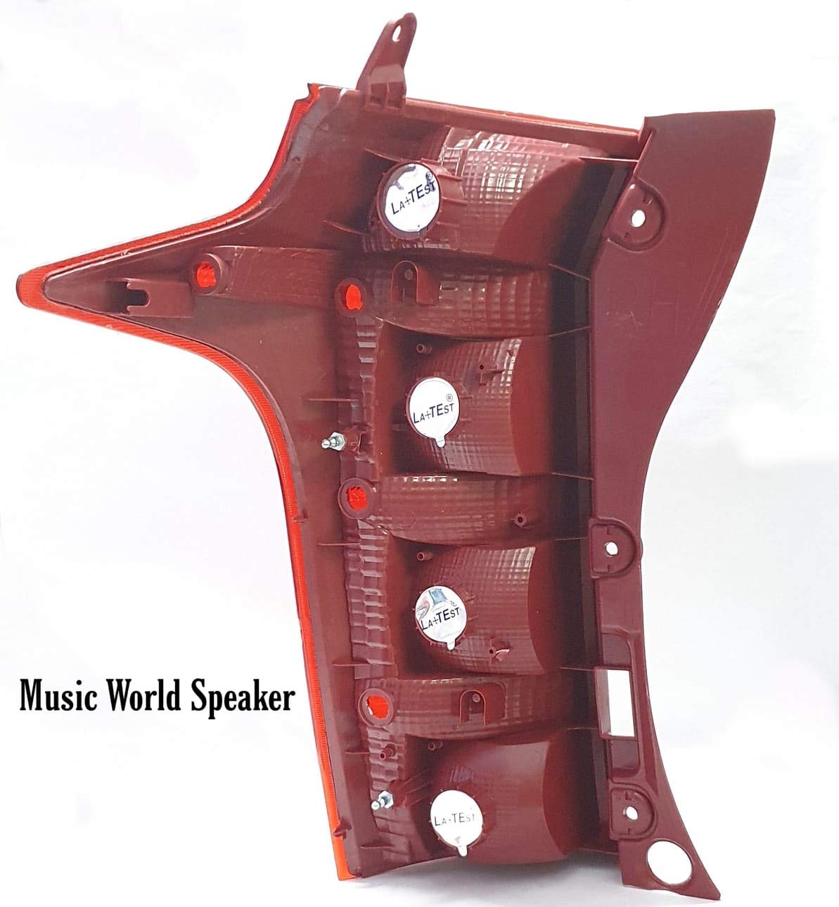 A red tail light for a vehicle, presumably made of plastic and glass, with a clear and red color scheme.