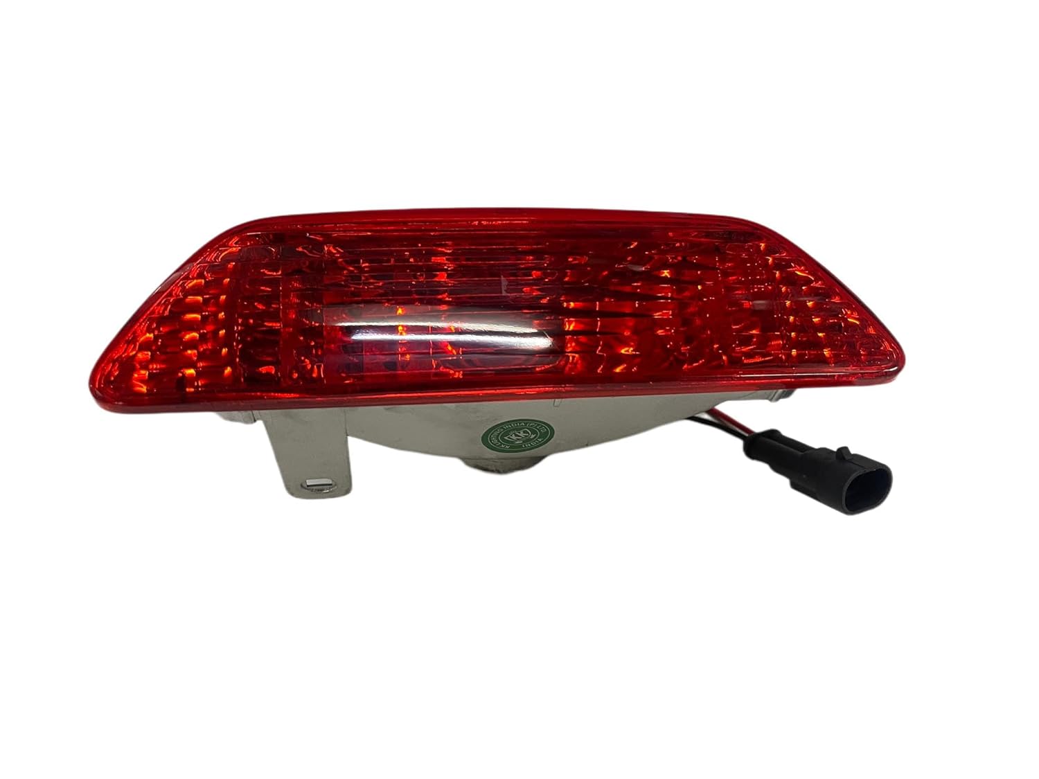 Red rear bumper light for vehicles, with a glass lens and black connector.